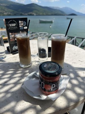 Iced lattes with oat milk and strawberry sorbet  at Roast.er.y in Ohrid