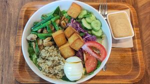 Tofu & mushrooms with sesame dressing (no carrot requested) at Over The Rice in Pyeongtaek