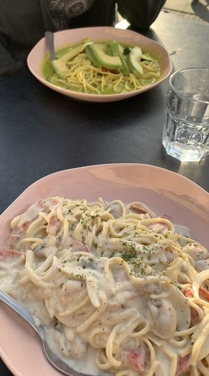 Cabonara pasta (front) and green curry pasta (back) at My Vegan Gold in Los Angeles