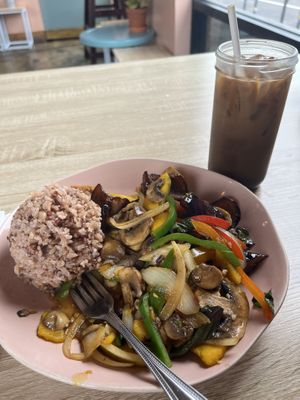pumpkin eggplant tofu and coffee  at My Vegan Gold in Los Angeles