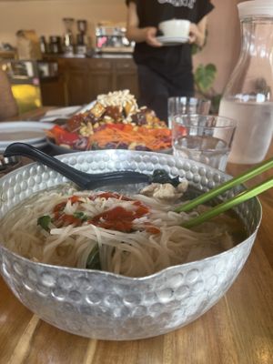 Pho with vegan chicken instead of tofu and Sriracha  at My Vegan Gold in Los Angeles