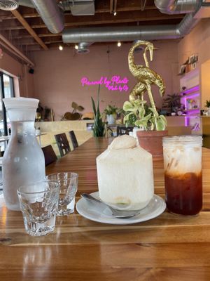 Fresh coconut juice with a Thai iced tea/coconut cream    at My Vegan Gold in Los Angeles