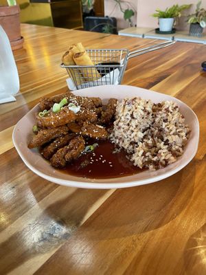Orange chicken and egg rolls    at My Vegan Gold in Los Angeles