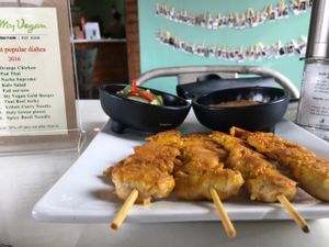 Chicken Satay (8$) at My Vegan Gold in Los Angeles