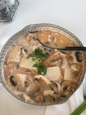 Mushroom coconut noodle soup  at My Vegan Gold in Los Angeles