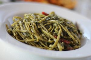 Pesto pasta - this is my favorite dish. Creamy pesto with sundried tomatoes. Double yum! at My Vegan Gold in Los Angeles