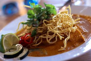 Gold Edition Noodles - two types of curry (red and yellow) with two types of noodles. at My Vegan Gold in Los Angeles
