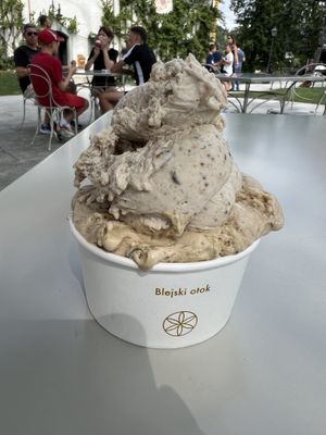 Two scoop vegan ice cream: walnut with pumpkin oil and fig  at Potičnica in Bled