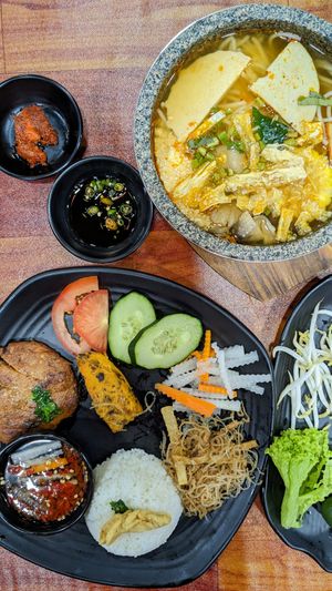 Vegan Broken Rice with Ribs and Pork Patty, Vegan Crab Noodles at MOON CHAY in Central Singapore