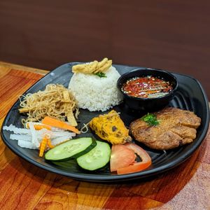 Vegan Broken Rice with Ribs and Pork Patty at MOON CHAY in Central Singapore