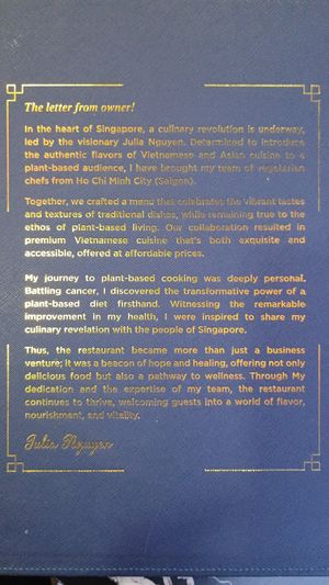 Inside the menu,a message from the owner that this is a place of healing and care at MOON CHAY in Central Singapore