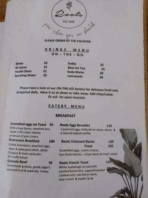 Drinks/Eatery menu at Roots Clay Café in Kwazulu-natal
