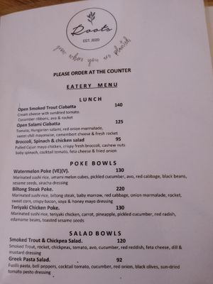 Eatery menu at Roots Clay Café in Kwazulu-natal