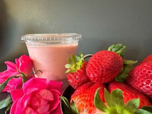 Vegan Strawberry-Rose Lassi – a fragrant blend of ripe strawberries, delicate rose essence, and almond milk yogurt. 100% dairy-free, gluten-free, and beautifully refreshing! at Braised Yum in Gainesville