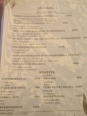 The menu with the vegan burger with fries at Szóda Étterem és Rendezvényhelyszín in Siofok