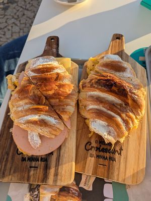 Vegan croissant misto (ham & cheese) and vegan croissant with appel & cinnamon at O Melhor Croissant da Minha Rua   in Evora