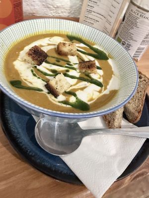 Sweet Potato soup with vegan cream on top  at Púca in Dingle