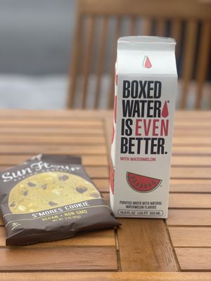 Vegan cookie and boxed water   at Harbor Fox Coffee Bar in West Dennis