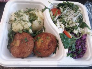 Oat cutlets with mashed potato and salad at Avocado Vegan Bistro in Gdansk