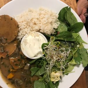 Seiten cutlets with mushroom sauce and rice!  at Avocado Vegan Bistro in Gdansk