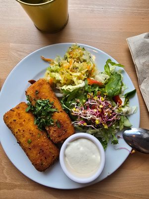 Croquettes with spinach and vegan mozzarella at Avocado Vegan Bistro in Gdansk