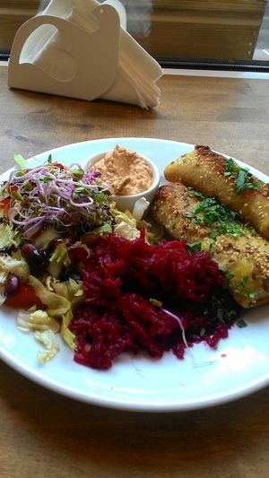 Krokiety , sojonez pomidorowy i surówki at Avocado Vegan Bistro in Gdansk
