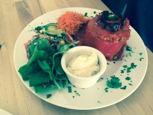 Roasted red pepper, stuffed with millet and vegetables.  at Avocado Vegan Bistro in Gdansk