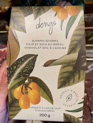 Vegan chocolate made with oat milk powder, cajá (Brazilian fruit) and Brazil nuts at Dengo in Paris