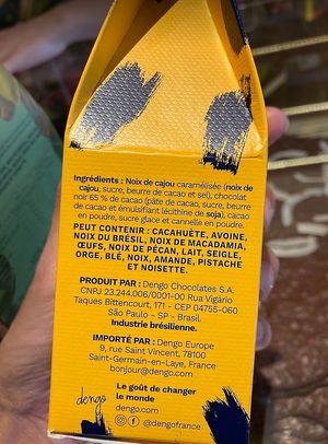 Dark chocolate covered cashew nuts (vegan) ingredients list at Dengo in Paris