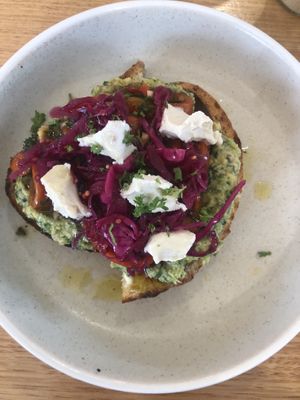 Toasted capsicum and hummus on sourdough made vegan (without poached egg).   at Rudimentary  in Footscray
