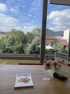 Views to the Mur riverr  at Cafe Styria in Leoben