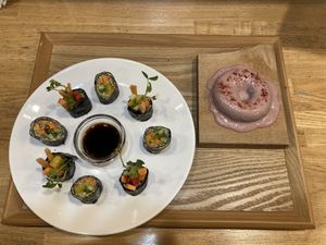Vegan sushi and strawberry donut at Natural Food Dining LOHAS in Sapporo