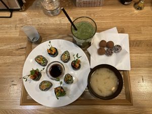 Vegan sushi, green smoothie, miso soup and chocolate truffles  at Natural Food Dining LOHAS in Sapporo