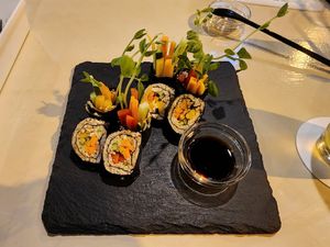 Sushi (dinner menu) made with blanched nuts instead of cooked rice at Natural Food Dining LOHAS in Sapporo