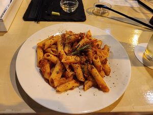 Pasta Arrabiata with penne made from corn at Natural Food Dining LOHAS in Sapporo