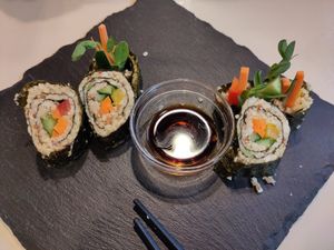 The nut sushi is more of an appetizer size (8 pieces, we already had two) at Natural Food Dining LOHAS in Sapporo