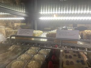 Passionfruit cake and salted caramel pie  at Hjulets Cafe in Goetene