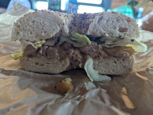 Chicken Run on an everything bagel at Friendly Foodees in Alpena
