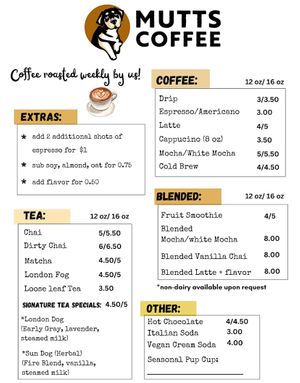 Menu uploaded by Mutts on Google in July 2024 at Mutts Coffee Roasters in Beaverton