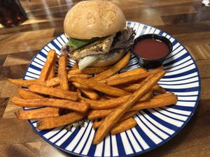 Tofu sandwich with sweet potato fries  at Honey Berry Pancakes and Cafe in Richardson