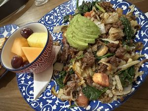 Vegan hash up close  at Honey Berry Pancakes and Cafe in Richardson