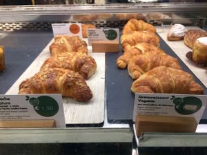 Vegan carrot cake and croissant, and vegetarian croissant. ingredients listed in English. (Non vegan because of honey.) at Chef Express in Florence
