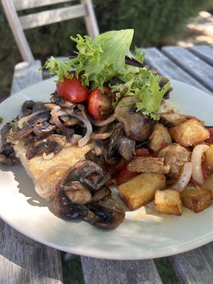 “The Fun Guy” veganized mushroom tartine. The homemade focaccia was superb!   at Purple Owl Cafe in Julian