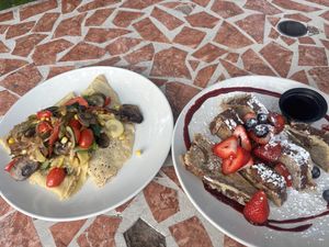 Garden Crepe & Banana Bread French Toast.  at Purple Owl Cafe in Julian