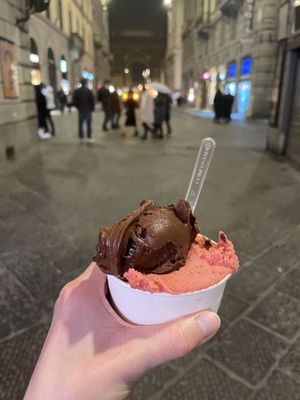 Vegan dark chocolate and vegan strawberry gelato  at Festival del Gelato in Florence
