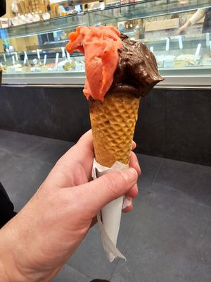 Dark chocolate gelato and strawberry sorbet at Festival del Gelato in Florence