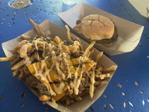 Vegan Kelly Smash Burger & Vegan Loaded Fries  at Kelly's Coastal Cabana in Mandeville