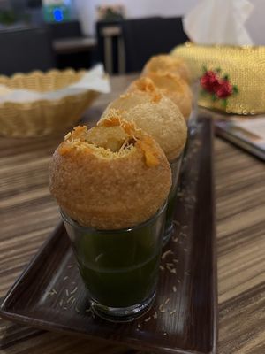 Pani puri -Water dumplings filled with minty water and sweet water, perfect for starters at Delhi Darbar Kitchen Singapore in East Singapore