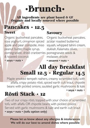 Brunch menu Jan/Feb 25 at Earth Cult Kitchen in Newquay