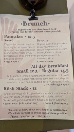 Sunday brunch menu at Earth Cult Kitchen in Newquay